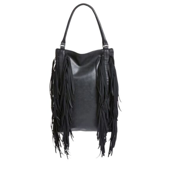 New Area Stars Black Fringe Hobo Shoulder Bag Faux Leather Spacious New w/ Tags - Picture 1 of 14